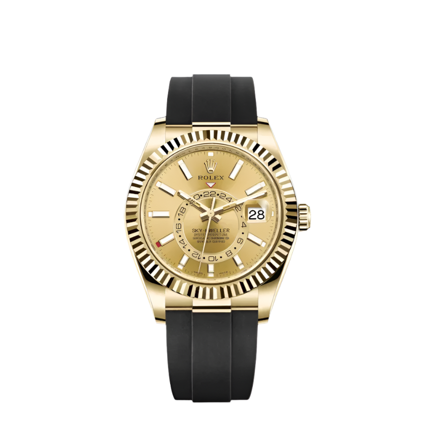 A gold Rolex Sky-Dweller watch with a champagne dial and a black Oysterflex strap.