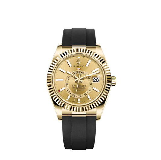 A gold Rolex Sky-Dweller watch with a champagne dial and a black Oysterflex strap.